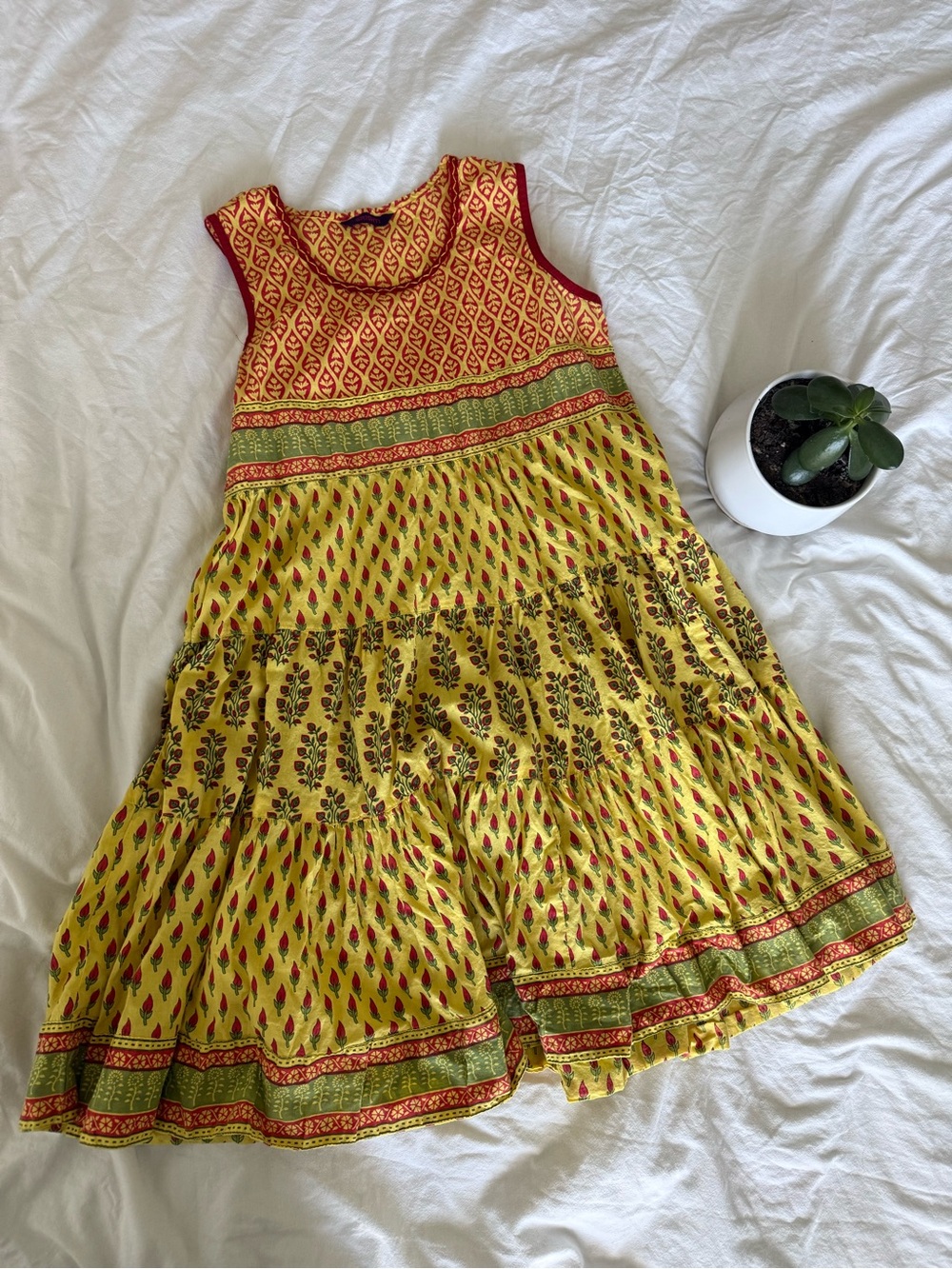 Girls Yellow Printed Tiered Sundress with Red Trim